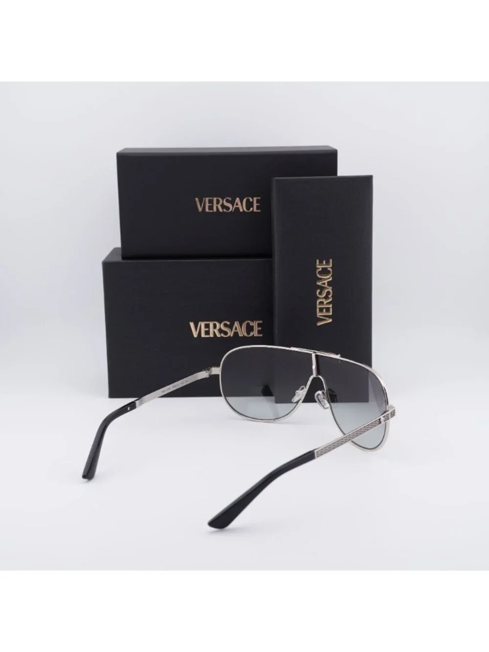 Versace VE2293 100011 Shield Sunglasses Silver Shield Frame, Grey Lenses